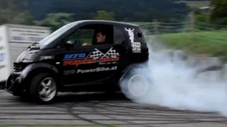 Smart Car with Hayabusa Turbo Engine Smart Hayabusa Donuts and Burnout Brutal Exhaust Sound [upl. by Arnuad]