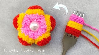 Super Easy Pom Pom Flower Making Idea with Fork  DIY Woolen Flowers  Hand Embroidery Amazing Trick [upl. by Jesus]