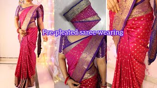 How to drape prepleated saree  how to wear prepleated saree step by step  Easy saree draping [upl. by Pammie]