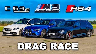 New RS4 Comp v M3 v AMG C63 Estate DRAG RACE [upl. by Lovash]