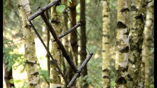 Making a Bucksaw Alone in the Woods  Bushcraft Rain Polish Lavvu Tarp Birchbark [upl. by Llyrrad]