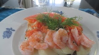 Danish Openfaced Potato Seafood Sandwich ❤️ Smørrebrød med Kartoffel Rejer Laks og Rogn [upl. by Hinze62]