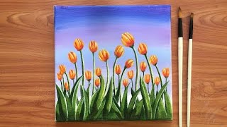 Easy Tulip Field painting on Canvas  Acrylic Painting for beginners [upl. by Silva845]