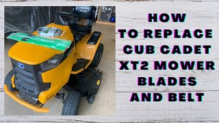 Cub Cadet XT2 Replacing mower blades and belt how to do it yourself DIY [upl. by Vidovik]