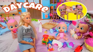 Cry babies baby dolls Daycare Routine mini daycare with Barbie doll [upl. by Idzik]