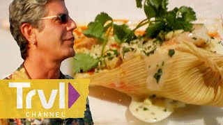 Anthony Reviews Bobby Flays Signature Dishes  Anthony Bourdain No Reservations  Travel Channel [upl. by Nadaha473]