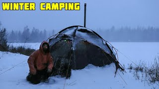 Hot Tent Snow Storm Camping [upl. by Reifinnej]