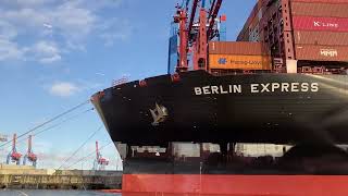 Shipspotting floating by the new Super Container Ship Berlin Express unloading in Hamburg Germany [upl. by Adnarim151]