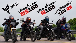 TVS Apache 160 2V vs Yamaha MT15 vs Bajaj Pulsar NS160 BS7 vs Bajaj Pulsar N160 Long Drag Race [upl. by Daffi]