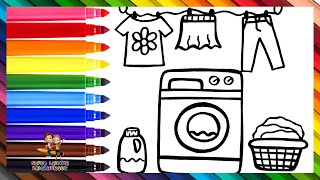 Zeichnen und Ausmalen einer Waschmaschine mit Zubehör 🧼🧺👚👖👗🌈 Zeichnungen für Kinder [upl. by Hendrika]