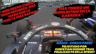 Radio Checo Pérez Felicitado Por Christian Horner Tras Finalizar P8 en la Carrera Sprint F1 radio [upl. by Ernest403]