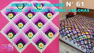 Como tejer el Cuadrado o muestra de colores N° 61 con flores tejidos a crochet para colchas [upl. by Weyermann400]