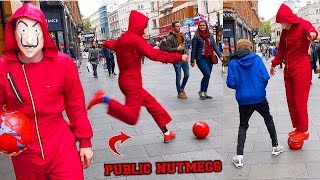 Scaring people in LONDON with a FOOTBALL  PUBLIC NUTMEGS CHALLENGE [upl. by Almira257]