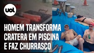 Homem transforma cratera em piscina e faz churrasco em Piracicaba SP veja vídeo [upl. by Edya713]