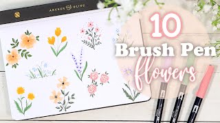 10 Easy Brush Pen Flowers  Beginner Friendly Drawing Tutorial [upl. by Harbour]