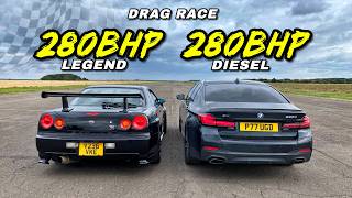 BOY RACER vs AVERAGE DIESEL NISSAN R34 SKYLINE vs BMW 530D [upl. by Kluge]