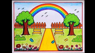 Easy Garden With Rainbow Scenery DrawingHow To Draw Flower Garden DrawingRainbow Scenery Drawing [upl. by Rangel]