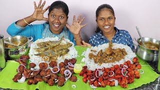 Hot amp Spicy Fish 65 VS Chicken 65 with Fish Curry VS Chicken Curry Eating Challenge in Tamil Foodies [upl. by Kitchen]