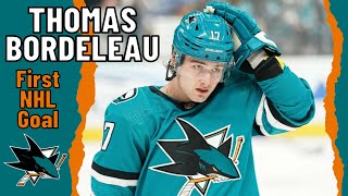 Thomas Bordeleau 17 San Jose Sharks first NHL goal Oct 14 2023 [upl. by Madelyn]