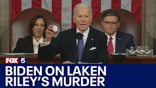 Biden pronounces Laken Rileys name as Lincoln Riley during State of the Union  FOX 5 News [upl. by Nets]