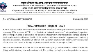 PhD Admission 2024  NIPER Kolkata  National Institute of Pharmaceutical Education amp Rese [upl. by Eesdnyl194]