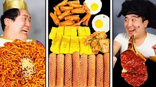 ASMR MUKBANG  Fire Noodles spam kimchi Giant Kielbasa sausage funny eating😂😂 [upl. by Kosak]