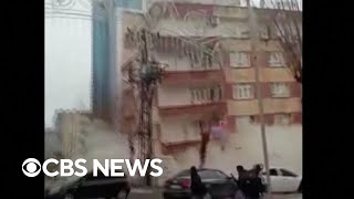 Video shows building collapse in Turkey as earthquake strikes [upl. by Dragone]