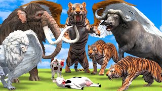 10 Mammoth Elephant cow vs 10 Giant Lion Tiger vs 10 Giant Buffalo Fight Cow Saved by Woolly Mammoth [upl. by Auberta]