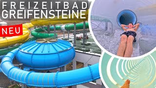 NEUER Rutschenturm im Freizeitbad Greifensteine 2024  Trichter Family Twister amp Röhrenrutsche [upl. by Warford]