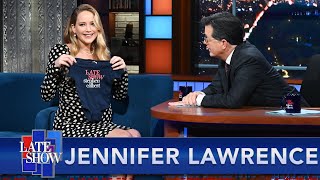 quotIm Not Going To Fit In Thatquot  Jennifer Lawrence Accepts A Baby Gift From The Late Show [upl. by Naol]