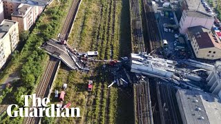 New aerial footage shows destruction at scene of Genoa bridge collapse [upl. by Ondrej]