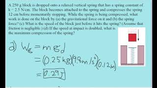 A 250 g block is dropped onto a relaxed vertical spring that has a spring constant of k [upl. by Elka176]