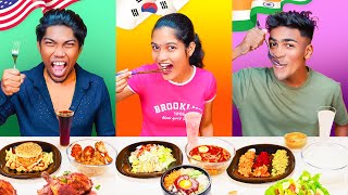 AMERICAN vs KOREAN vs INDIAN Eating Challenge 😂 FORK vs CHOPSTICK vs SPOON 😄 Food Eating challenge [upl. by Aniez]