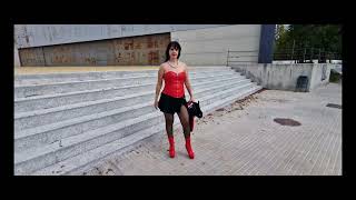 VICTORIA DEVIL Miniskirt red leather corset stocking biker jacket and red ankle boots [upl. by Veal]