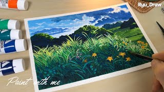 Painting Studio Ghibli Scene with Holbein acrylic gouache  Guache Painting Tutorial [upl. by Aihtenak718]