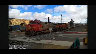 BNSF warbonnet leading BNSF flatcar train at Tehachapi Depot Railcam [upl. by Aneala]