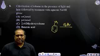 Chlorination of toluene in the presence of light and heat followed by treatment with aqueous NaO [upl. by Gualtiero455]