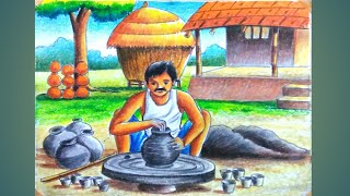 How to draw pottery man step by stepvillage potter man drawing with oil pastel [upl. by Nnylkcaj]