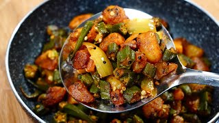 DELICIOUS FRIED OKRA RECIPE NO SLIME  MASALA BHINDI ALOO FRY VEGAN [upl. by Aeet]