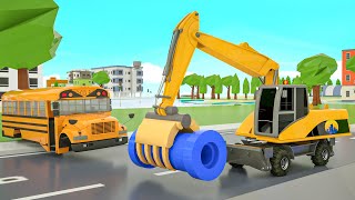 Wheels On the Bus song  Excavator Helps School Bus  Baby Nursery Rhymes amp Kids Songs [upl. by Solana]