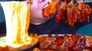 ASMR STRETCHY CHEESE SPICY TTEOKBOKKI amp BBQ BHC GRILLED CHICKEN 마피아떡볶이 amp BBQ BHC 통다리구이 먹방 MUKBANG [upl. by Riddle672]