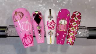 Pink Glam Fall Nail Design TUTORIAL  Autumn Nail Art Idea  press on nails [upl. by Aerbas632]