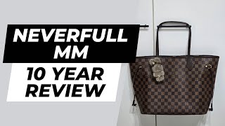 Louis Vuitton Neverfull MM in Damier Ebene  10 Year Review Wear and Tear Durability etc [upl. by Noffets]