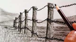 How to draw barbed fence of landscape by pencils [upl. by Hughett393]