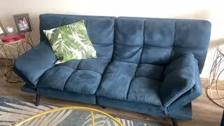 Memory Foam Futon Sofa Bed Couch Sleeper Convertible Foldable Blue Suede Review [upl. by Neliak866]