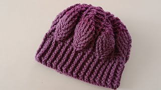 How To Crochet leaves pattern BEANIE HAT FOR EVERY SİZE [upl. by Jamnes]