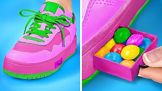 HIDE CANDIES IN SHOE  Sneak Food amp Makeup Into Class Parenting Edible DIY Hacks by 123 GO [upl. by Idnyl]