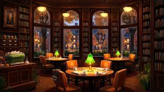 Fall Library Cafe Ambience with Calm Jazz Music amp Rain for Studying Focus amp Relaxation [upl. by Gilles]