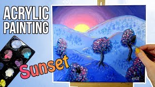 Blue Acrylic Mountain Sunset Landscape Painting with Colorful Trees [upl. by Surad646]