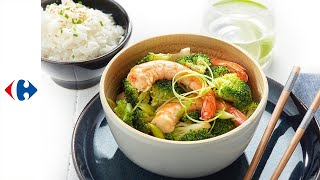 Wok de brocolis et crevettes roses au riz thaï [upl. by Chapman]